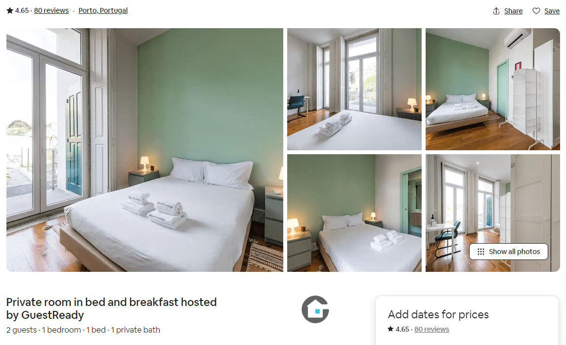 Collage of a bright, modern bedroom with a double bed, white linens, towels, mint green accent wall, wooden floor - how to get good airbnb reviews