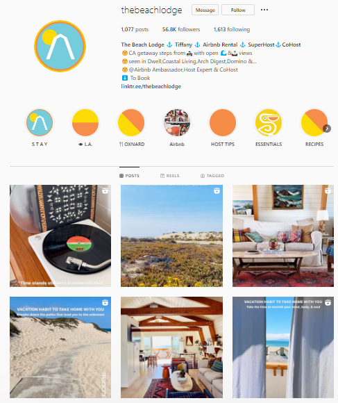 Screenshot of an Instagram profile for thebeachlodge - airbnb promotion
