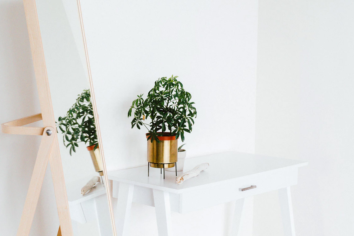 Une plante verte en pot dans un bac doré est posée sur un bureau blanc à côté d'un miroir à cadre en bois clair, reflétant la plante - astuces decorer logement airbnb